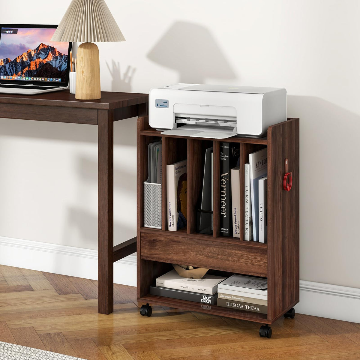 Goflame Record Player Stand, Rolling Turntable Stand with Drawer, Hook & Lockable Wheels