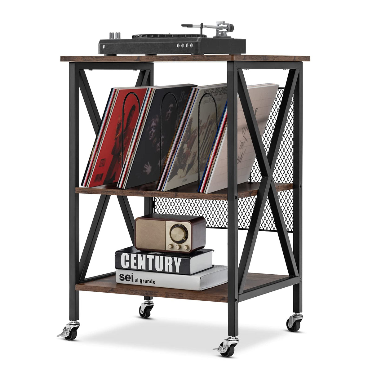 Goflame Record Player Stand, Vinyl Record Storage Table w/ 3 M-shaped Dividers & 4 Rolling Wheels, Rustic Brown