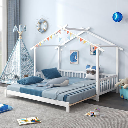 Goflame Extendable House Bed for Kids, Twin to King Daybed with Roof & Fence Rails, Wood Kids Bed Frame for Teens