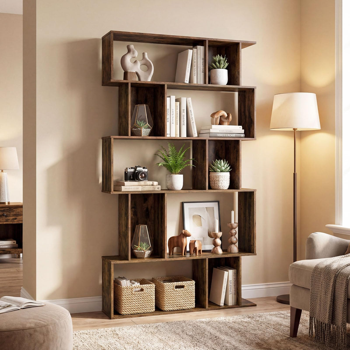 Goflame Geometric Bookshelf 5-Tier Bookcase with Open Shelves and Closed-back Cubes