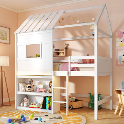 Goflame Twin Size Loft Bed with LED Lights Roof Window and Storage Bookshelf