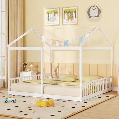 Goflame Double Twin Floor Beds for 2 Kids, Wood Twin Size House Beds with Safety Guardrails, White