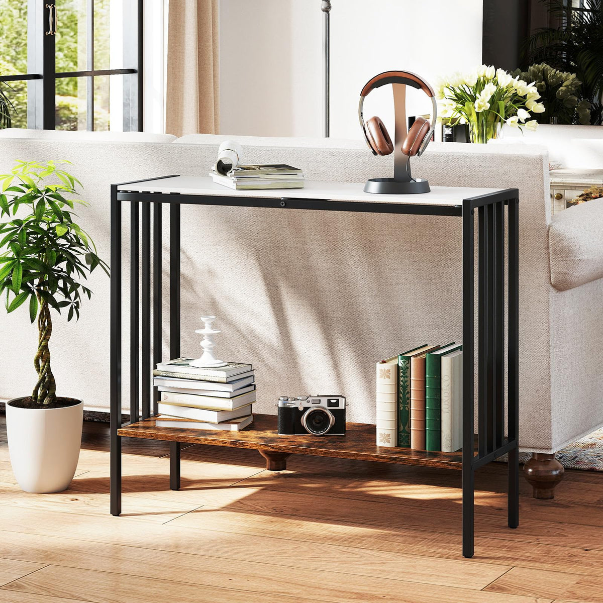 Goflame 2 Tier Industrial Entryway Table with Sintered Stone Tabletop and Open Shelf