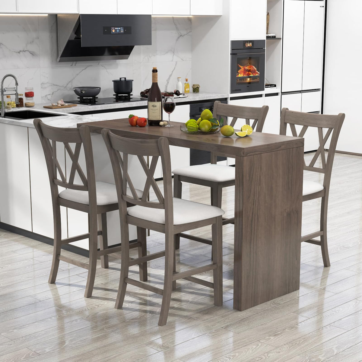 Goflame Wood Bar Stools Set of 2/4, 24" Counter Height Bar Stools w/Cross Back & Linen Fabric Upholstered Seat