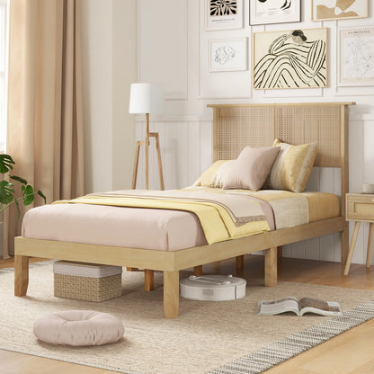 Goflame Queen/Full/Twin Size Bed Frames with Rattan Headboard, Boho Solid Wood Platform Bed with Wooden Slats