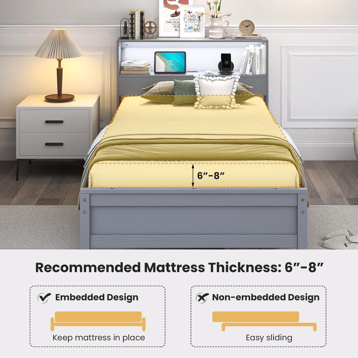 Goflame Twin Bed Frames with Storage Headboard, Wood Platform Bed with Charging Station & LED Light