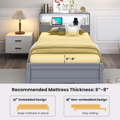 Goflame Twin Bed Frames with Storage Headboard, Wood Platform Bed with Charging Station & LED Light
