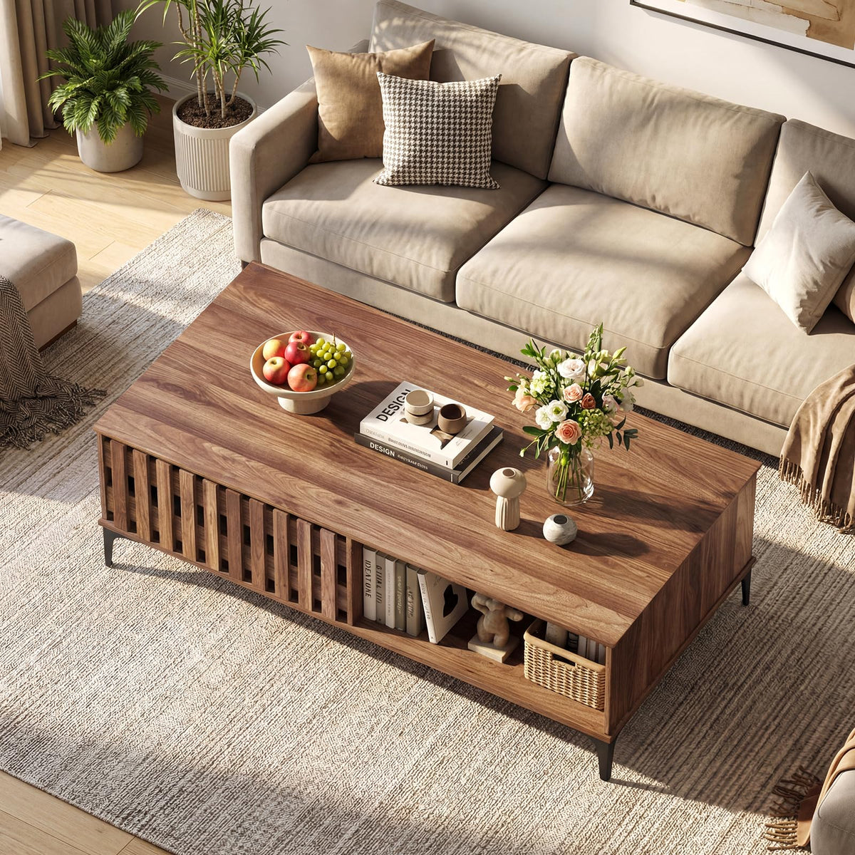 Goflame 47 Inch Wood Mid Century Coffee Table with Storage