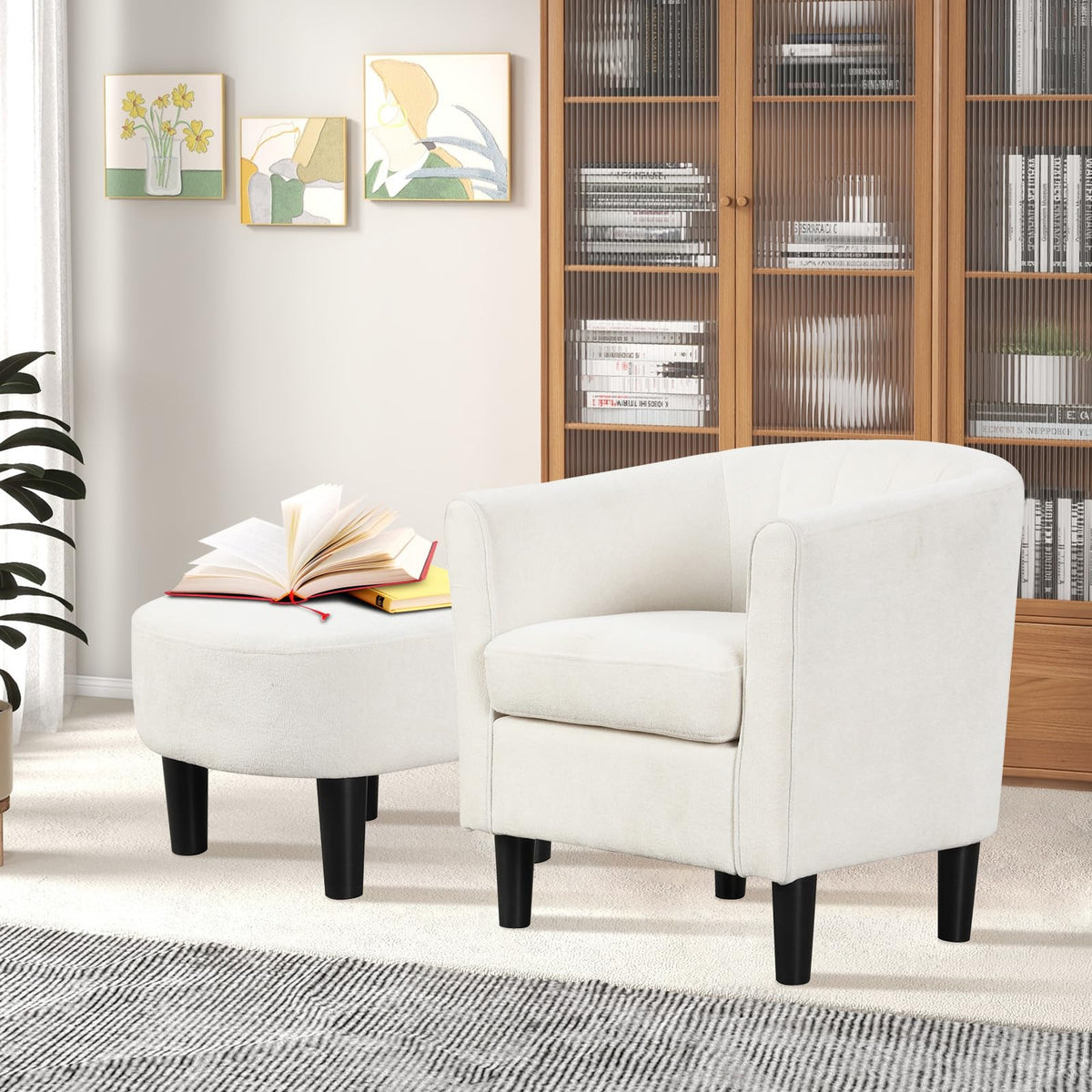 Goflame Modern Accent Chair with Ottoman, Upholstered Teddy Velvet Barrel Club Chair w/Footrest