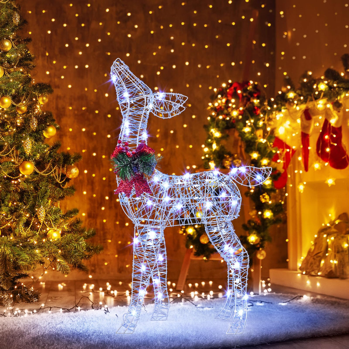 Goflame Christmas Pre-Lit Reindeer | 50 Cold White LED Lights & Red Bow Stakes & Zip Ties Included