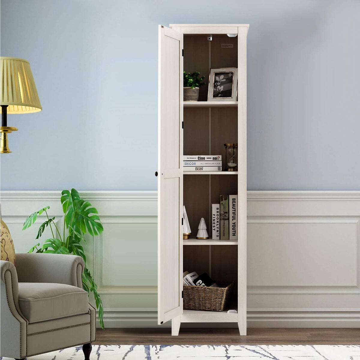 Goflame Tall Storage Cabinet Freestanding Floor Storage Tower with Four Shelves and Single Door