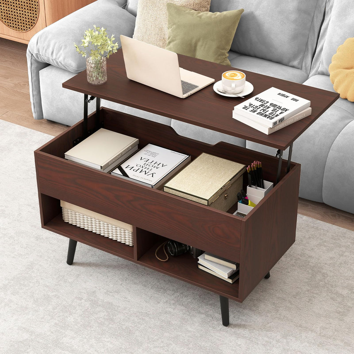 Goflame Lift Top Coffee Table Modern Cocktail Table w/Hidden Compartment & 2 Open Shelves