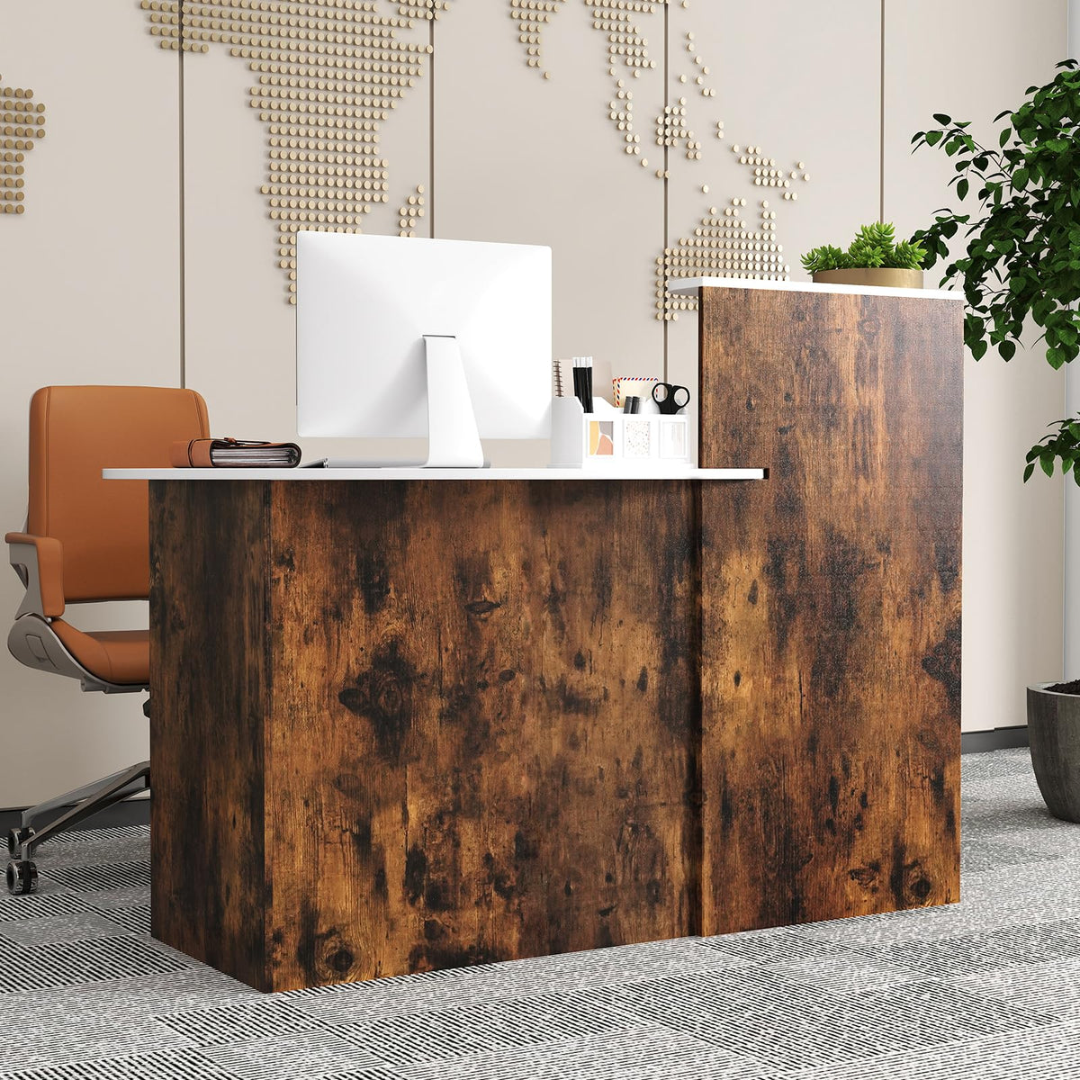 Goflame Reception Desk, Front Counter Desk with Lockable Drawer, Oval Tabletop & Adjustable Shelf
