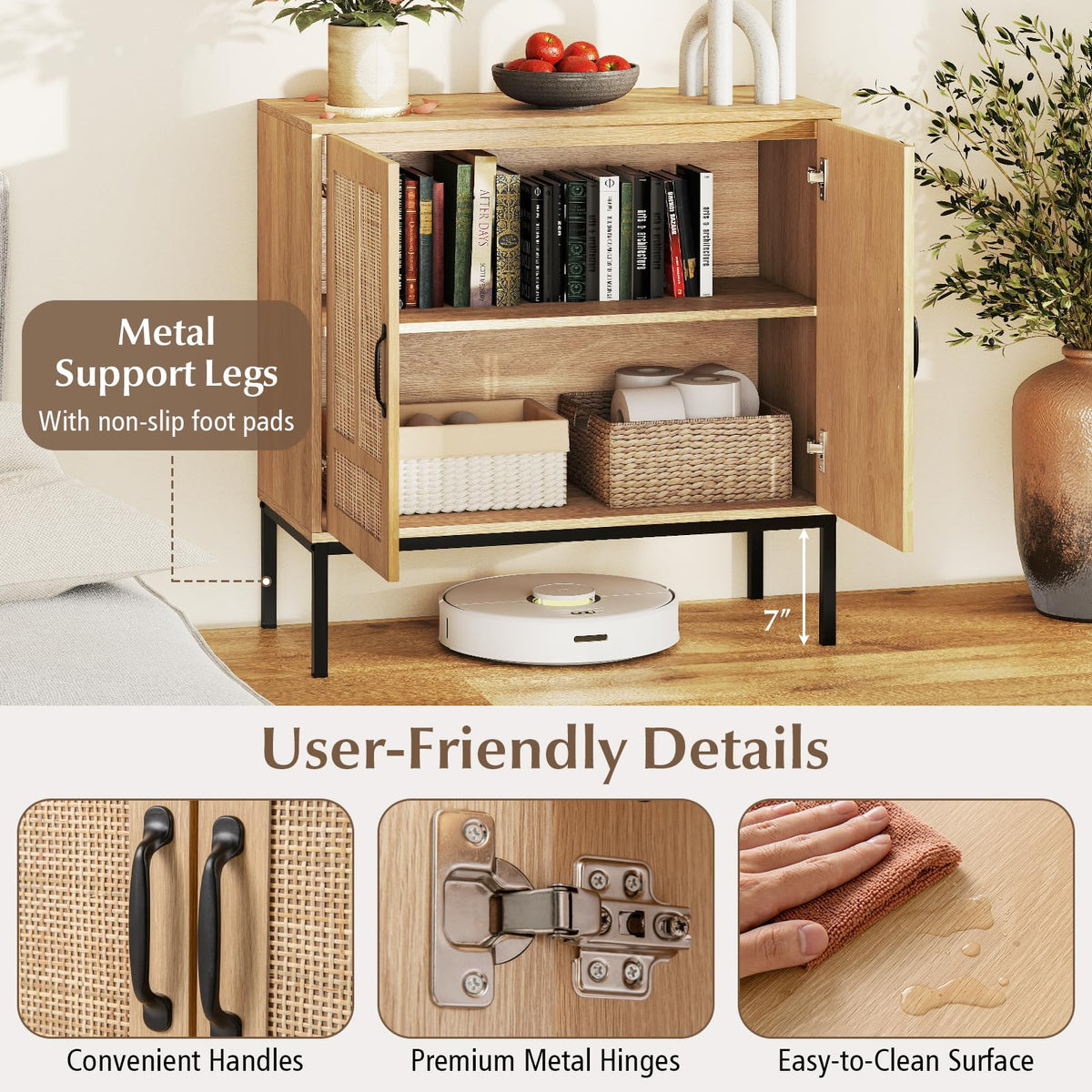 Goflame Sideboard Cabinet Boho Rattan Buffet Cabinet with Storage Adjustable Shelves 2 Doors