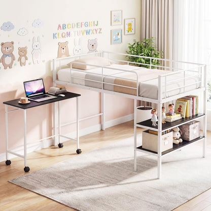 Goflame Low Loft Twin Size Bed with Desk & Bookshelf