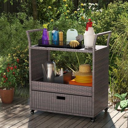 Goflame Rolling Wicker Cart W/Shelves and Big Drawer for Dining Room