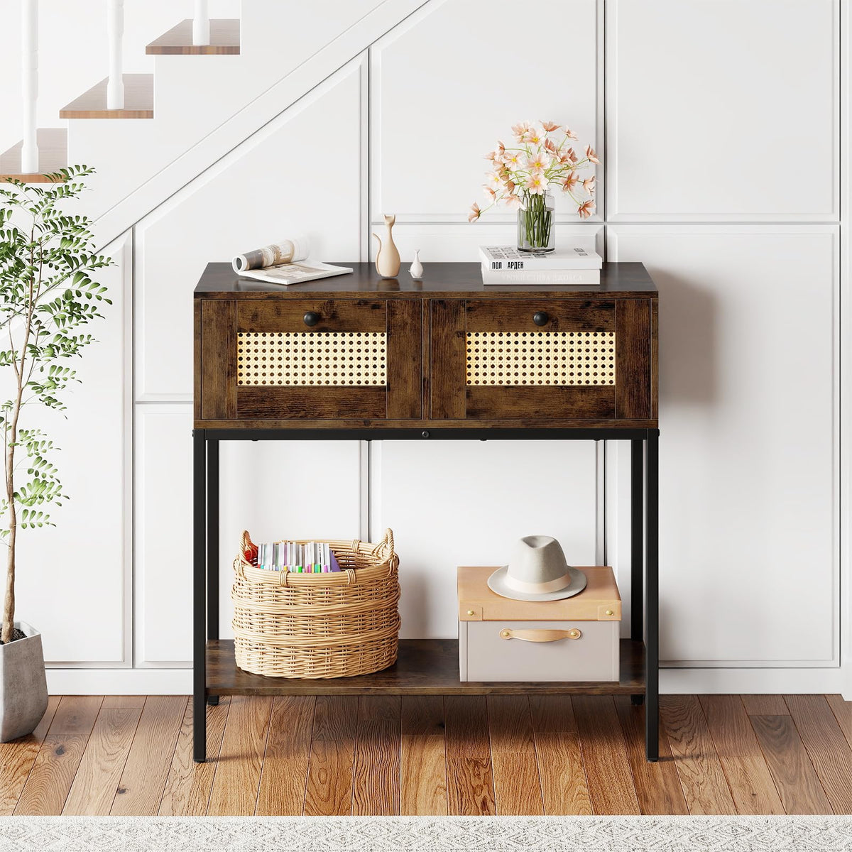 Goflame Rattan Console Table 32" Boho Entryway Table with 2 Drawers
