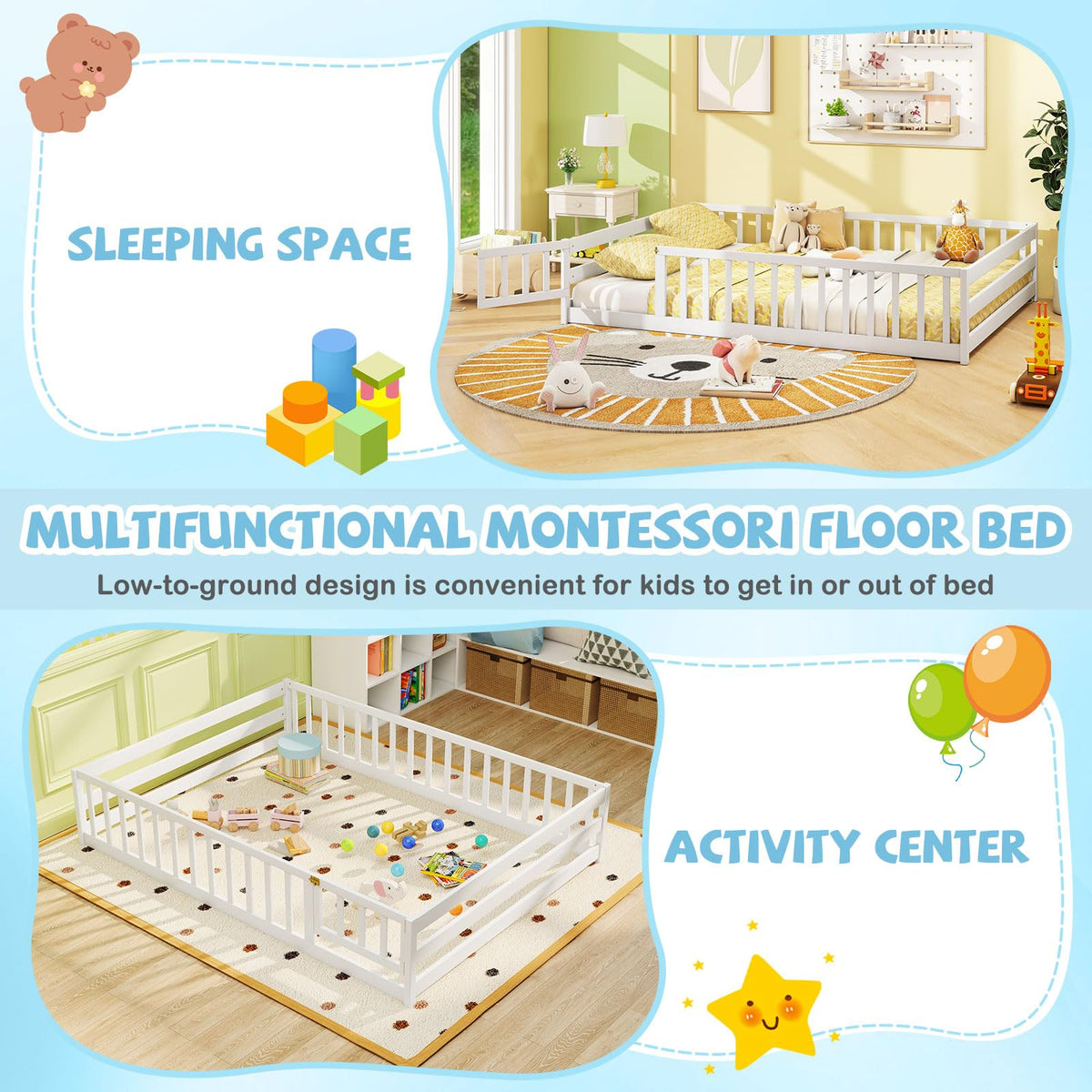Goflame Floor Bed with Door & Fence Kids Wood Montessori Beds with Safety Guardrails