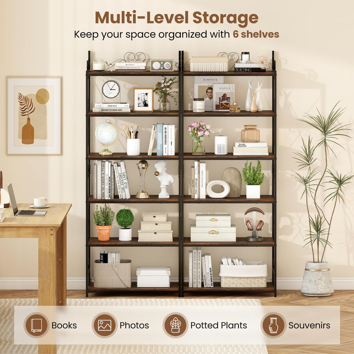 Goflame 6-Tier Bookshelf Industrial Bookcase with 2 Anti-Tipping Kits and Metal Frame