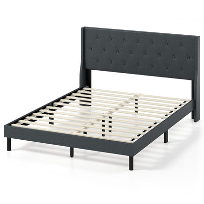 Goflame Queen Size Upholstered Bed Frame Linen Fabric Platform Bed with Button Tufted Wingback Headboard