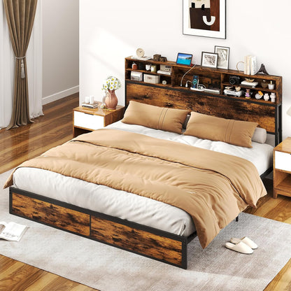 Goflame King/Queen/Twin Size Bed Frame with Storage Headboard and Charging Station, Industrial Metal Platform Bed