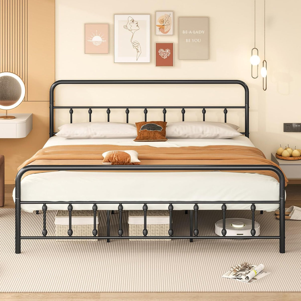 Goflame King/Queen/Full Size Metal Platform Bed Frame, Victorian Style Platform Bed with Headboard & Footboard