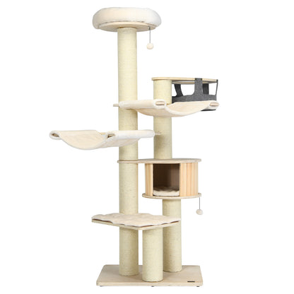 77.5" Wooden Cat Tree, Modern Multi-Level Cat Tower with Padded Perch, 2 Hammocks & Basket Bed, Sisal Scratching Posts and Dangling Balls for Indoor Cat Use