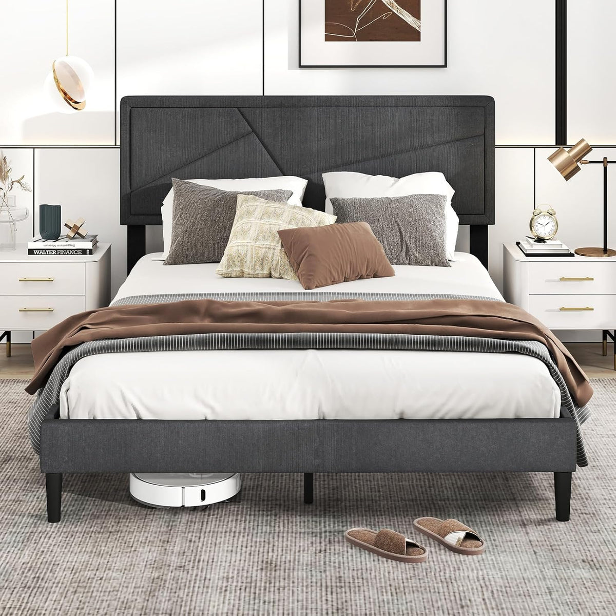 Modern Queen/Full/Twin Size Upholstered Platform Bed Frame with Geometric Tufting Headboard