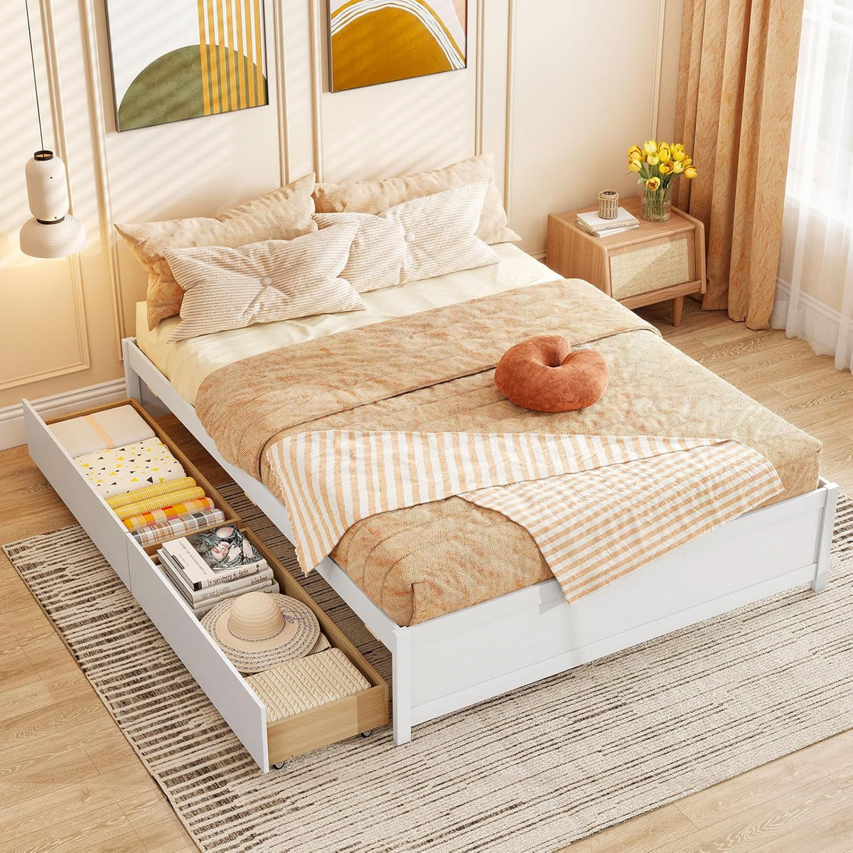 Goflame Queen/Full/Twin Size Bed Frame with 2 Storage Drawers, Solid Wood Platform Bed with Slats Support