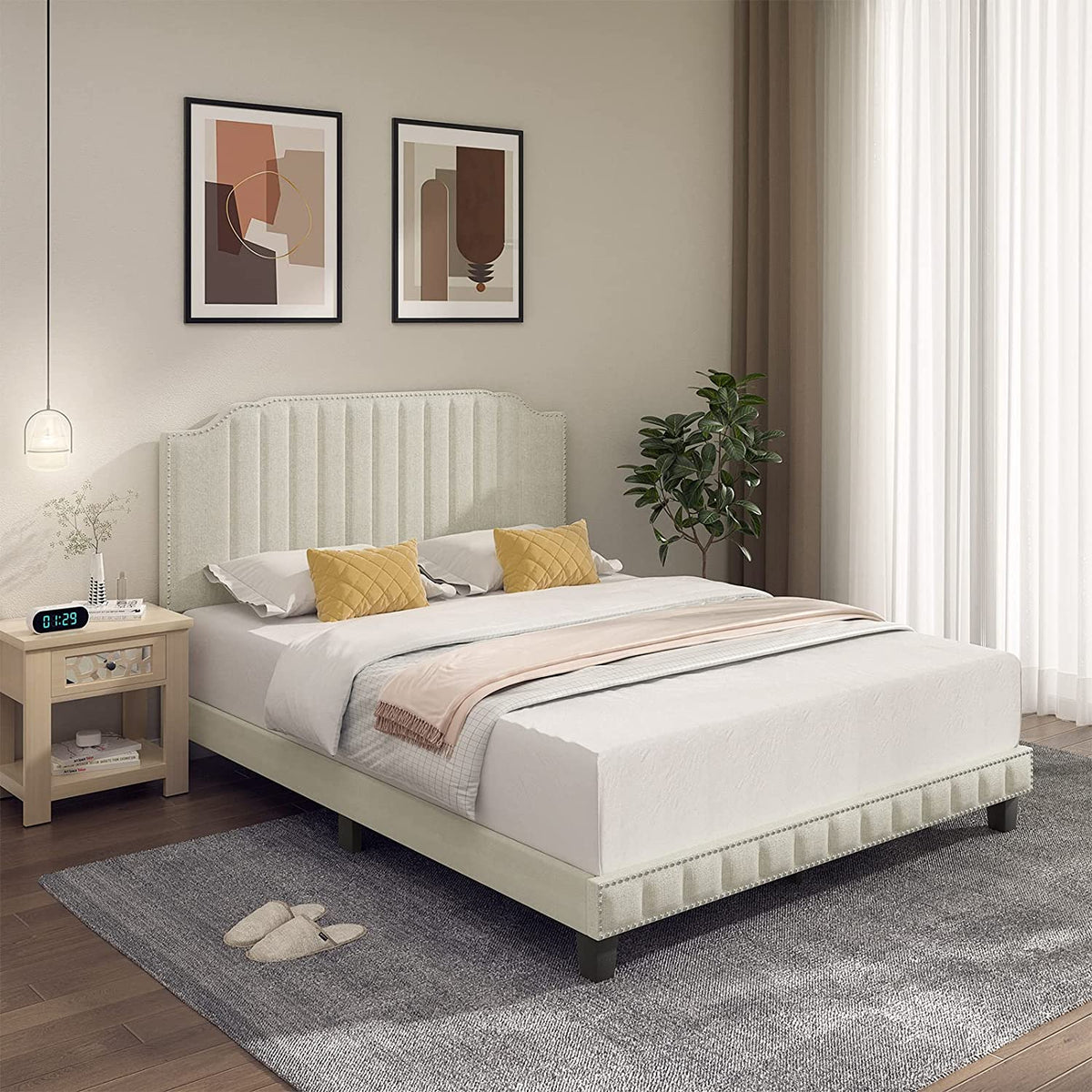 Goflame Queen/Full/Twin Size Upholstered Bed Frame, Linen Platform Bed w/Rivet Headboard, Heavy Duty Mattress Foundation
