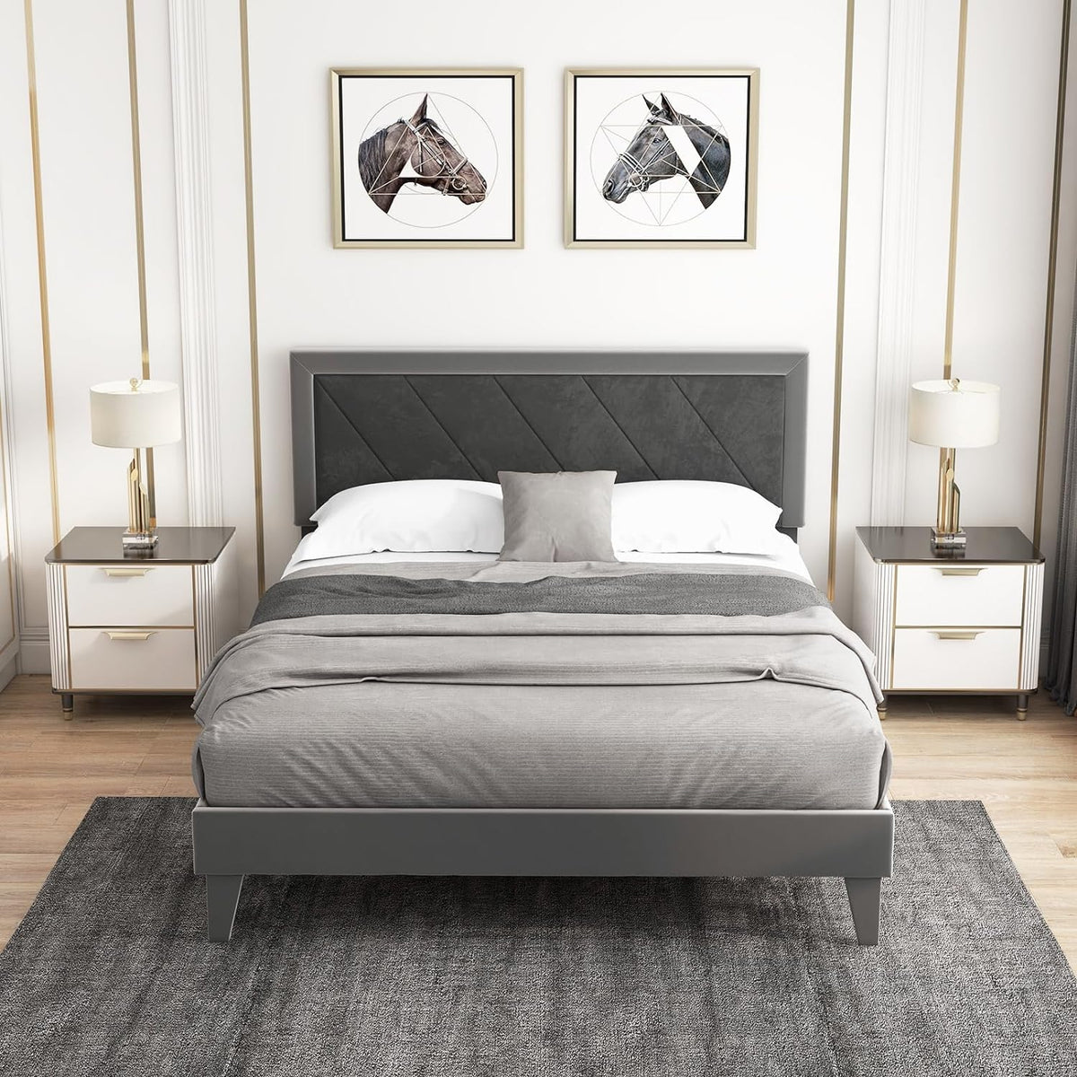 Goflame Full Size Velvet Bed Frame with Headboard, Modern Upholstered Platform Bed, No Box Spring Needed, Black & Gray