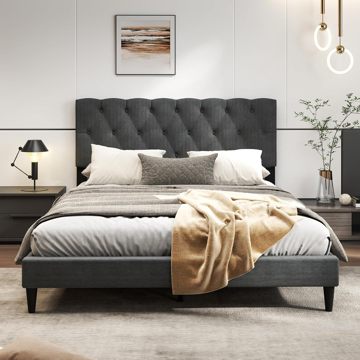 Modern Queen/Full/Twin Size Upholstered Platform Bed Frame with Diamond Tufting Headboard