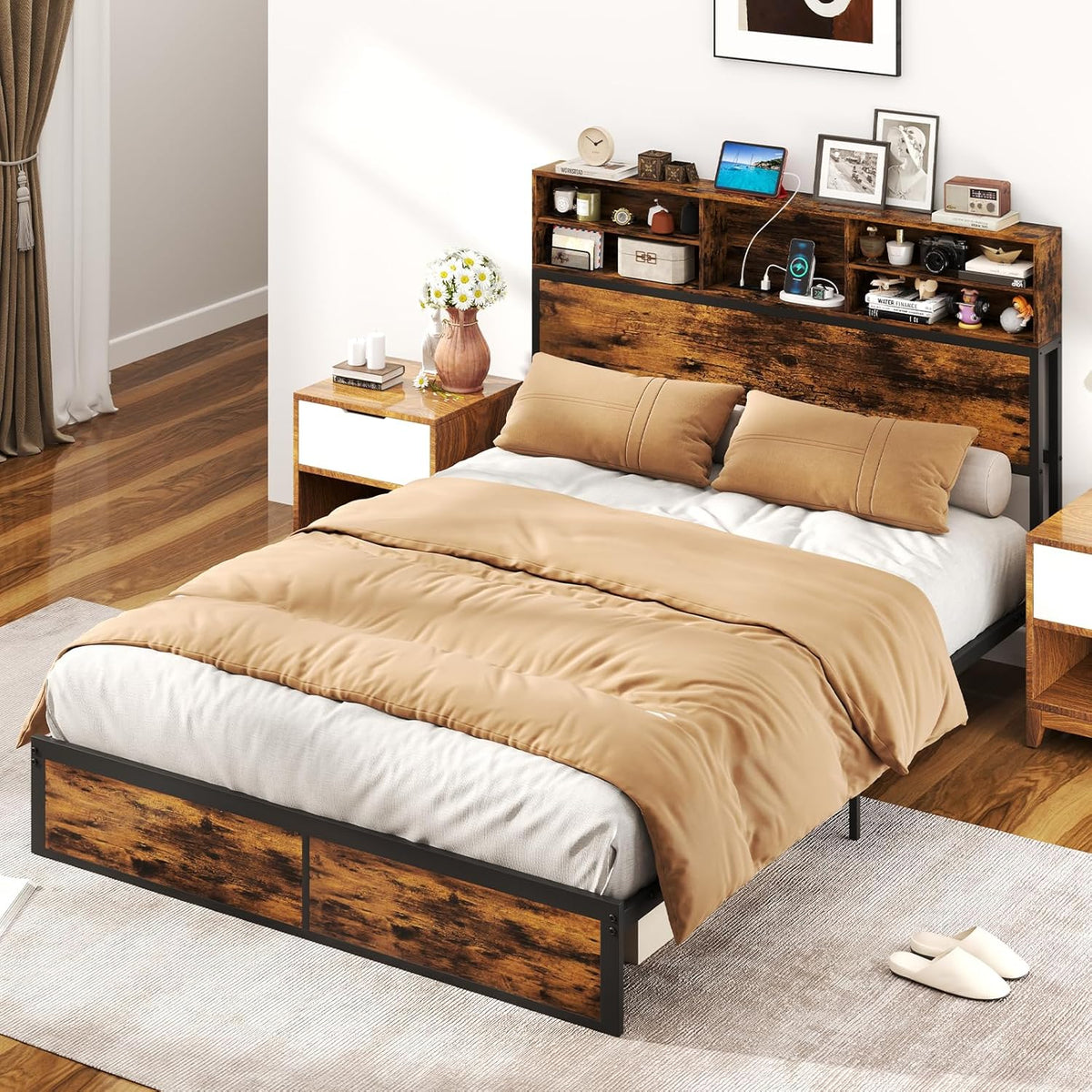 Goflame King/Queen/Twin Size Bed Frame with Storage Headboard and Charging Station, Industrial Metal Platform Bed