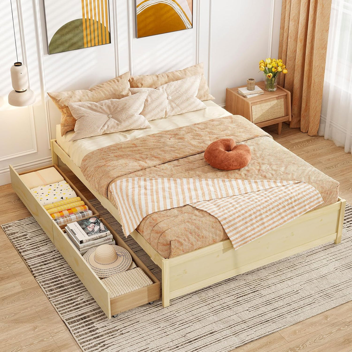 Goflame Queen/Full/Twin Size Bed Frame with 2 Storage Drawers, Solid Wood Platform Bed with Slats Support