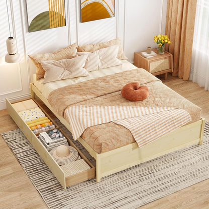 Goflame Queen/Full/Twin Size Bed Frame with 2 Storage Drawers, Solid Wood Platform Bed with Slats Support