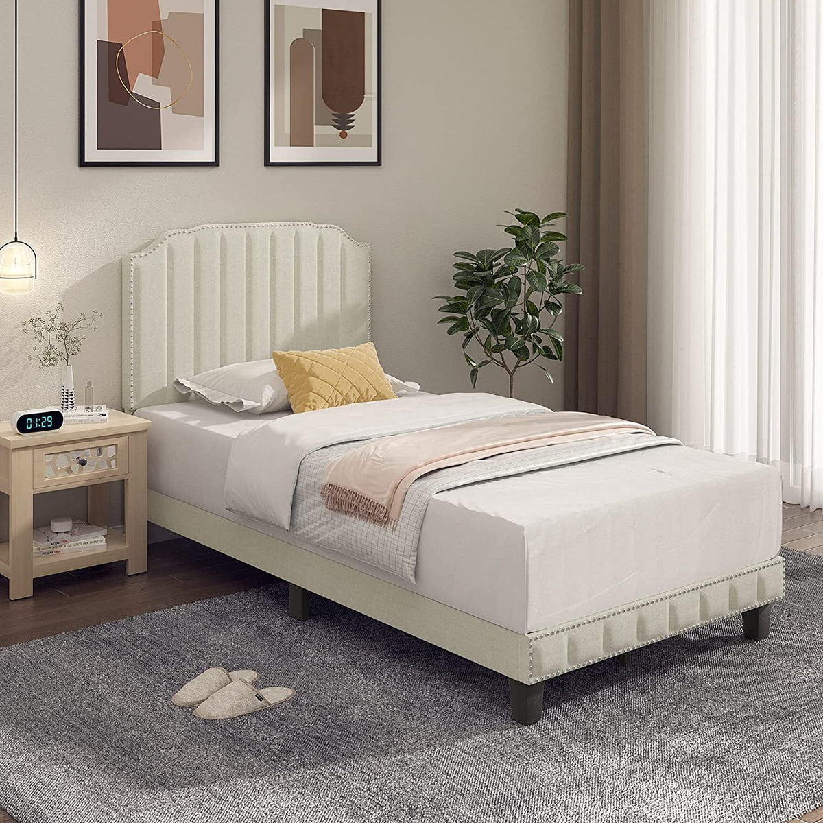 Goflame Queen/Full/Twin Size Upholstered Bed Frame, Linen Platform Bed w/Rivet Headboard, Heavy Duty Mattress Foundation