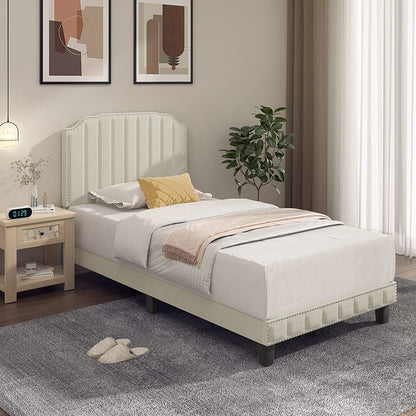 Goflame Queen/Full/Twin Size Upholstered Bed Frame, Linen Platform Bed w/Rivet Headboard, Heavy Duty Mattress Foundation