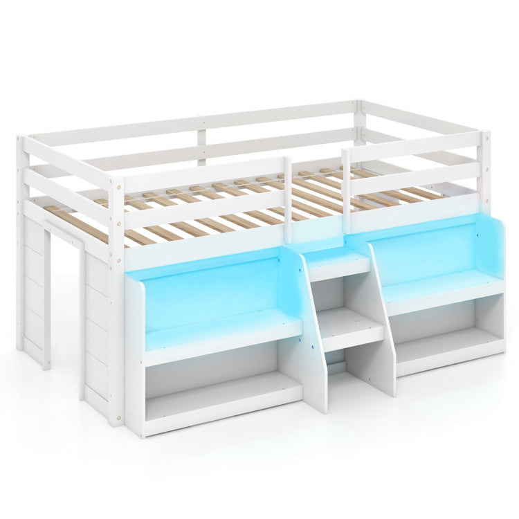 Goflame Low Loft Bed with LED Lights, Wooden Twin Loft Bed with Stairs & Safety Guardrail